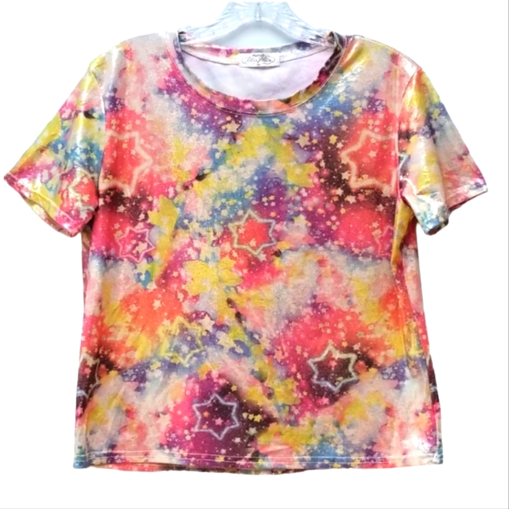 STONE FLOWER | METALLIC WATERCOLOR SHORT SLEEVE TOP, SIZE M